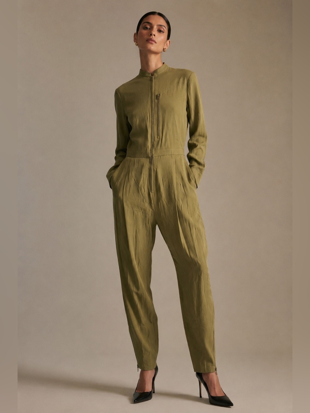 COS Olive Green Utility Jumpsuit NWT Size 6 Zip Front Mock Neck